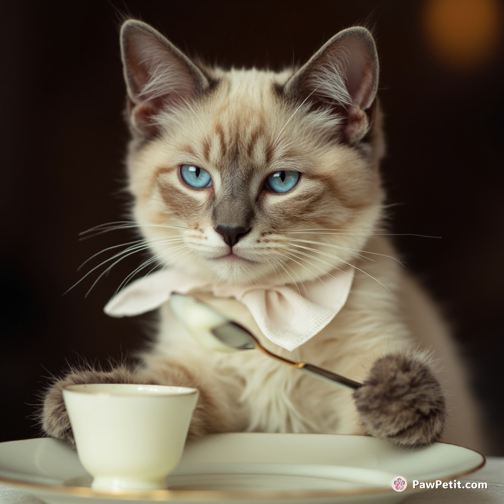 Lucifurr the cat adopts dining delicacy, sporting a napkin and elegantly sipping milk from teacups with paw-held spoon.