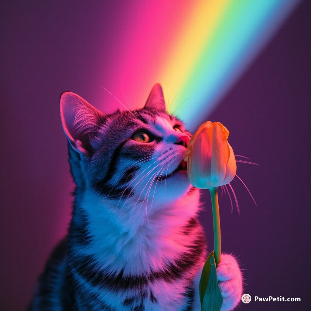 Cat sipping alien nectar from a tulip under an upside down rainbow.