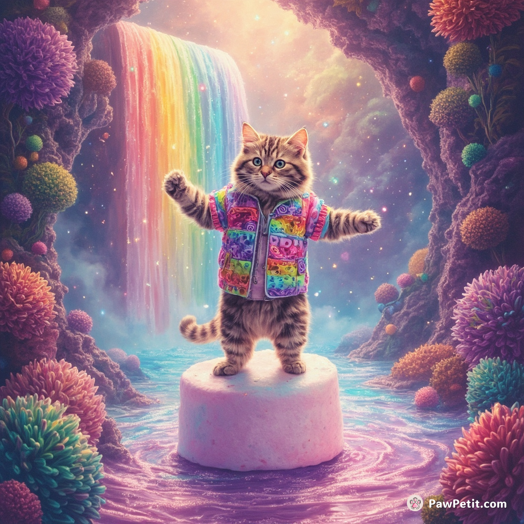 A neon cat disco-dancing on a giant marshmallow under a rainbow-glitter waterfall in an alien jungle.