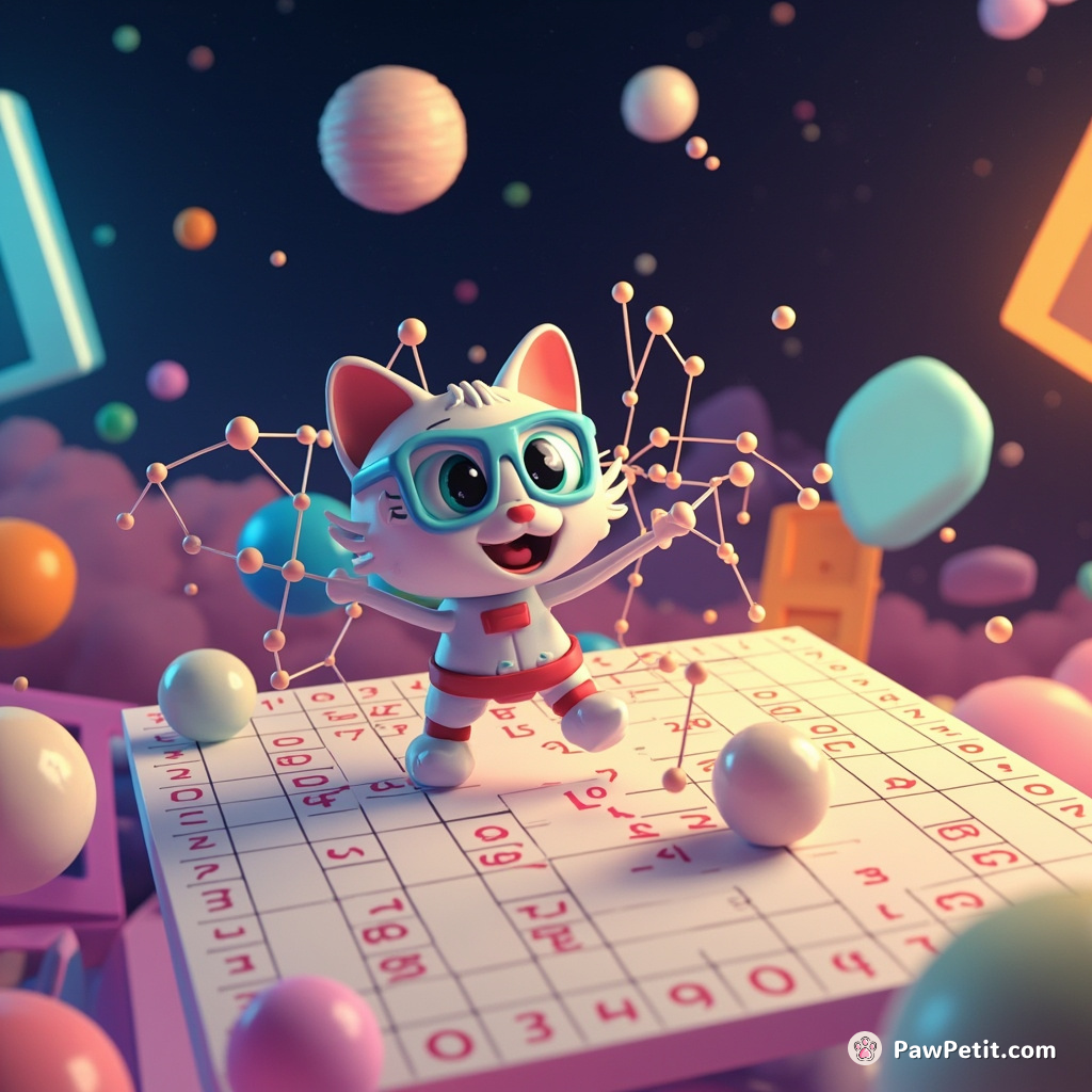 Cat performing a quantum physics equation on a giant Sudoku board in low gravity space.