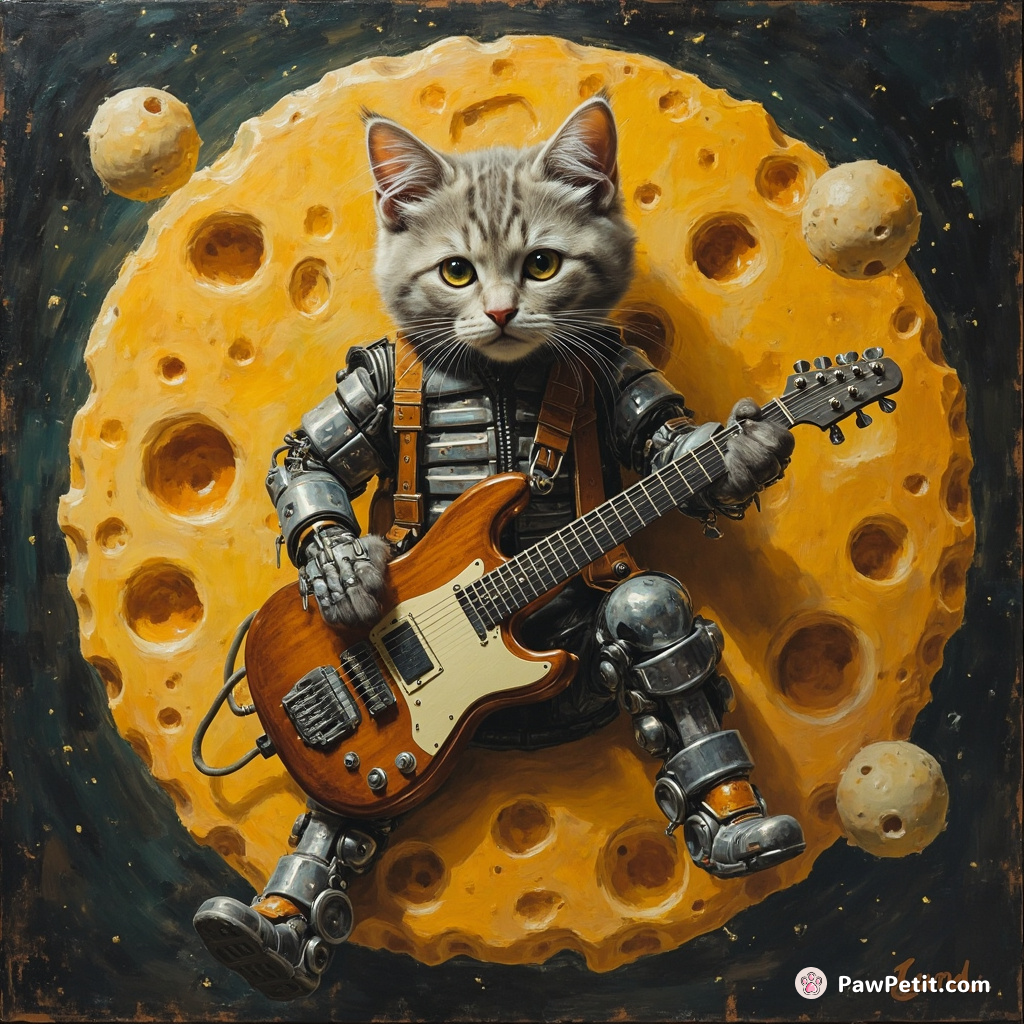 Cybernetic cat playing electric guitar on a levitating cheese moon.