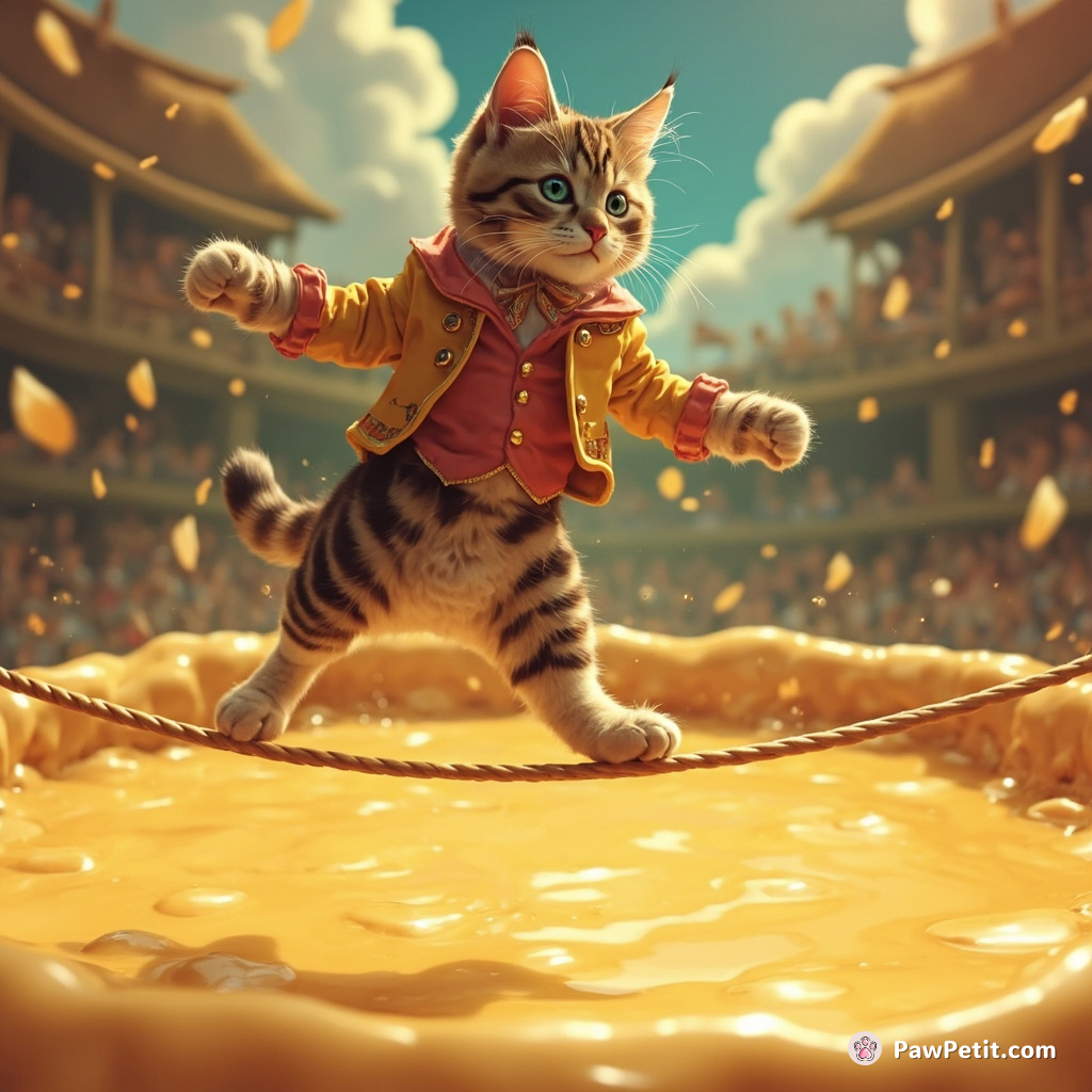 A circus tabby cat expertly walking a tightrope over a bubbling cheese fondue lake.