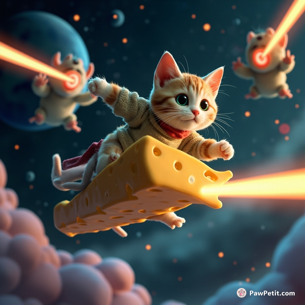 Cat surfing on a cheese slice in space while battling cosmic mice with laser eyes.