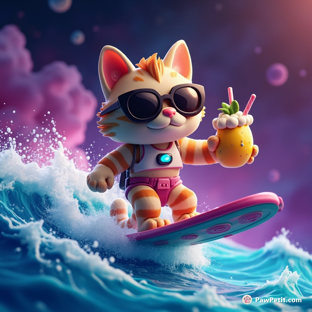 Space cat surfing on Nebula waves with sunglasses and a coconut drink in paw.