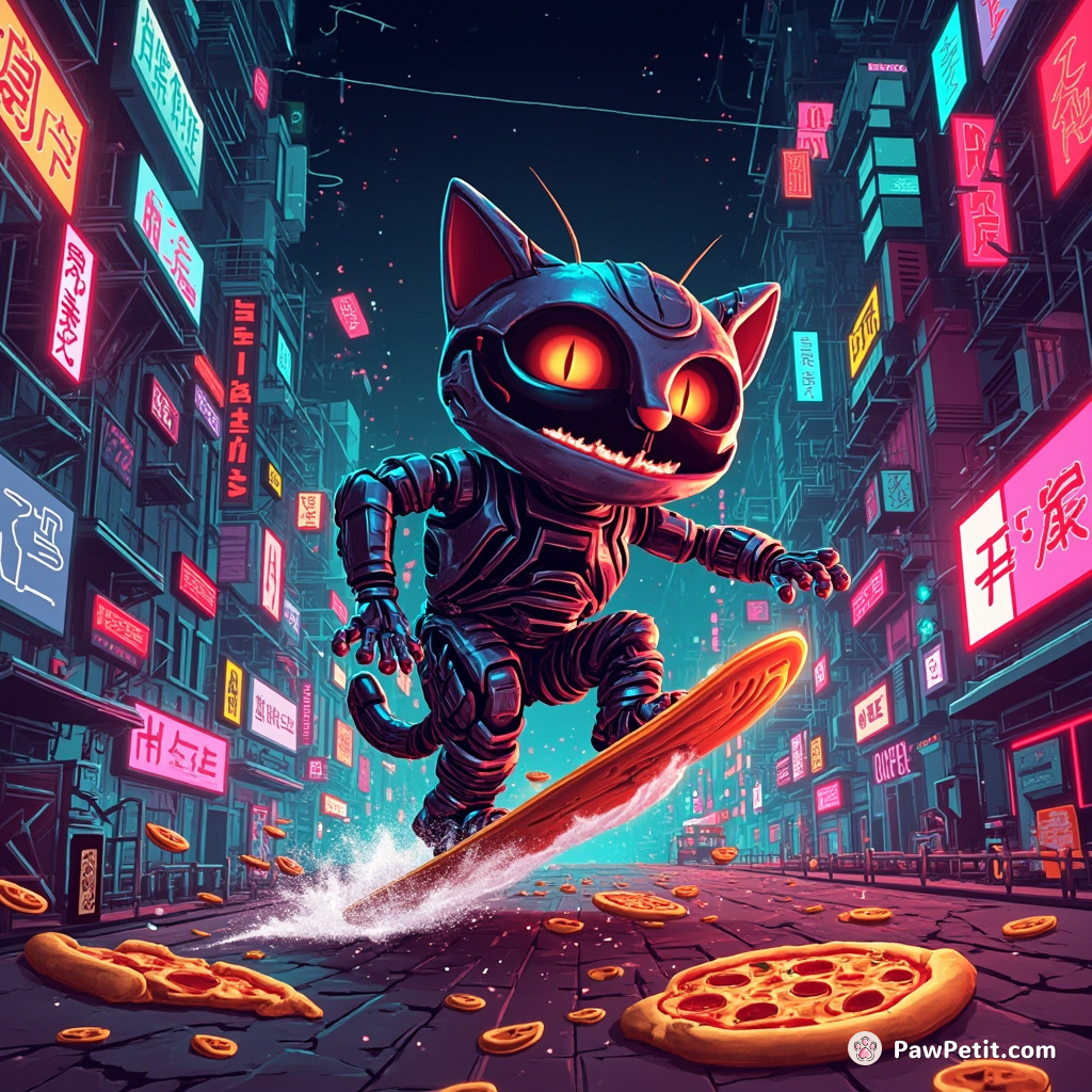 Cyborg cat surfing on pizza slices while battling kitchen utensils in a neon city.