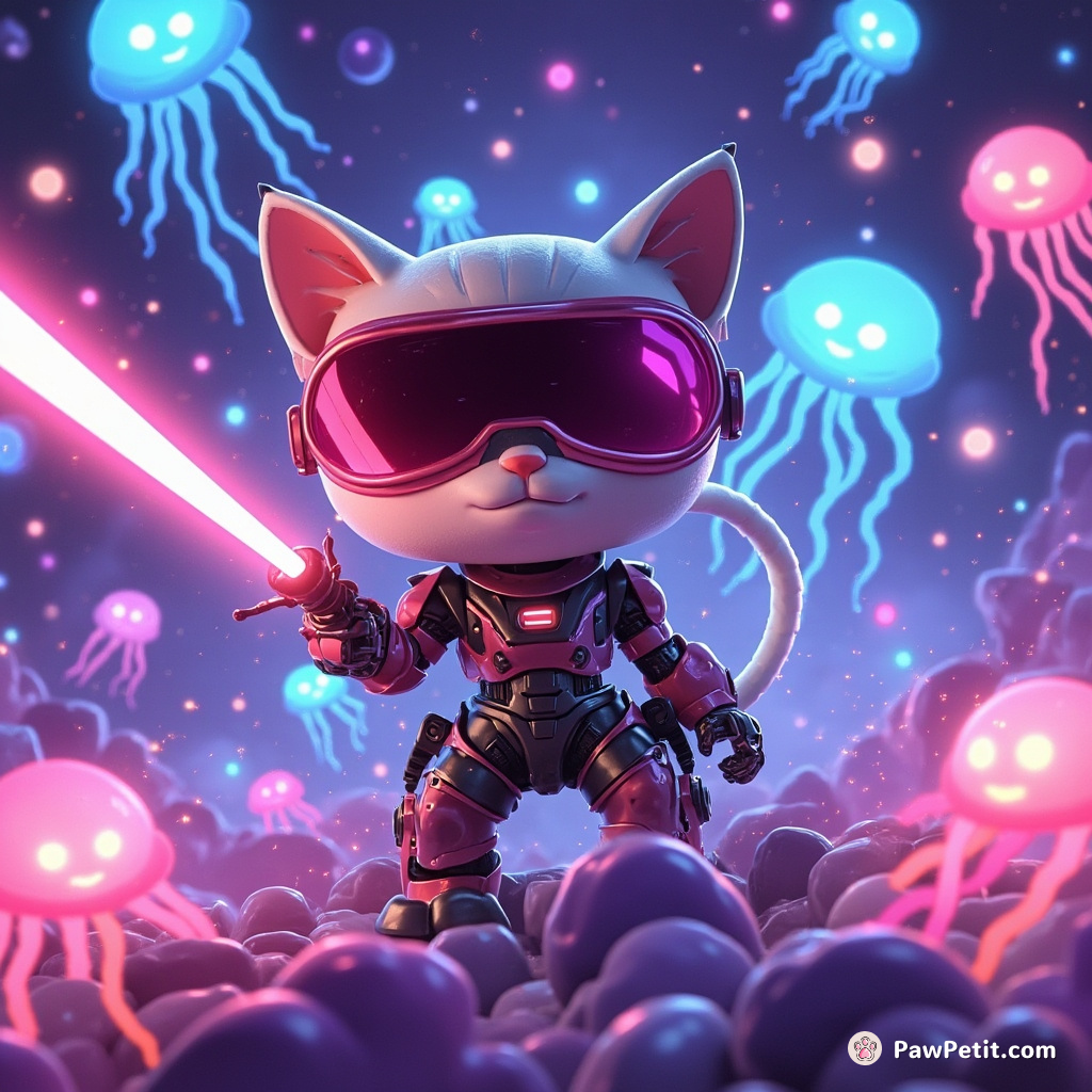 A cybernetic cat sectioning multiple dimensions with a laser pointer sword amidst dancing neon jellyfish-ghosts.
