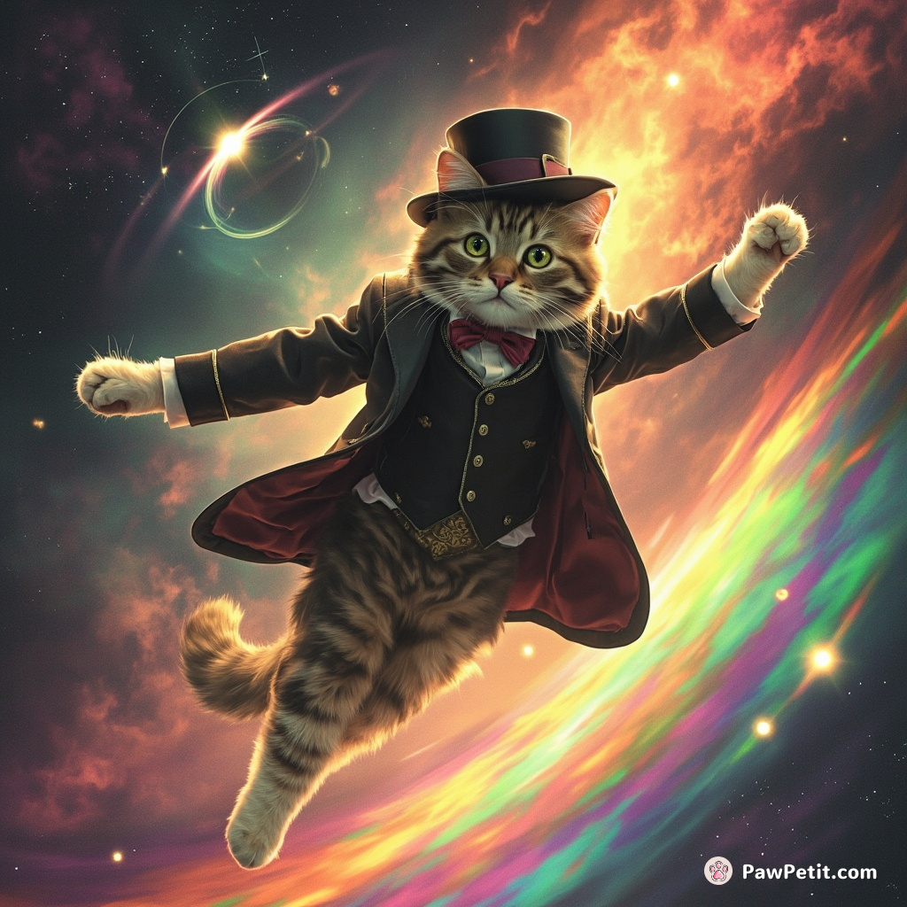 A Victorian dapper cat performing a transcendental ballet routine on the rainbow fabric of space-time.