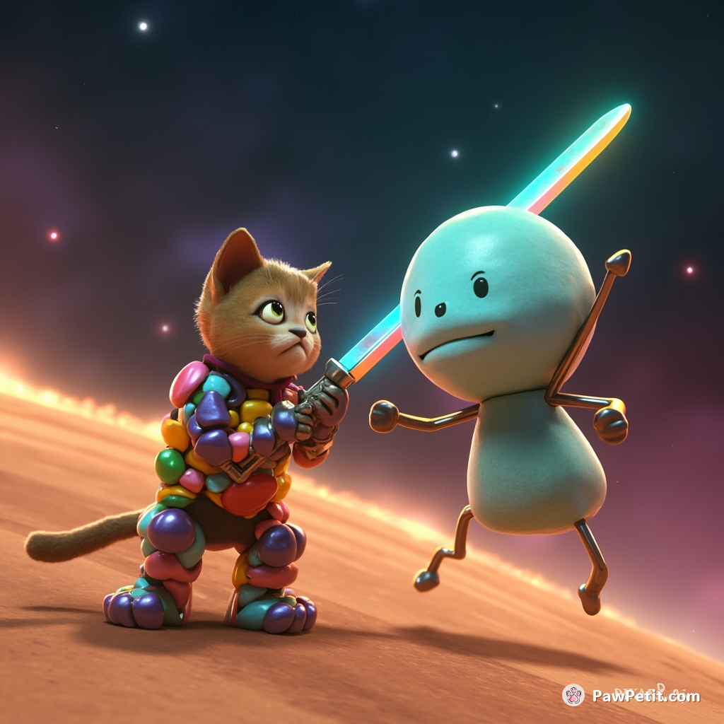 A humanoid cat knight, clad in jellybean armor, dueling a blue-cheese moon with a neon-salmon fish sword on the rings of Saturn.