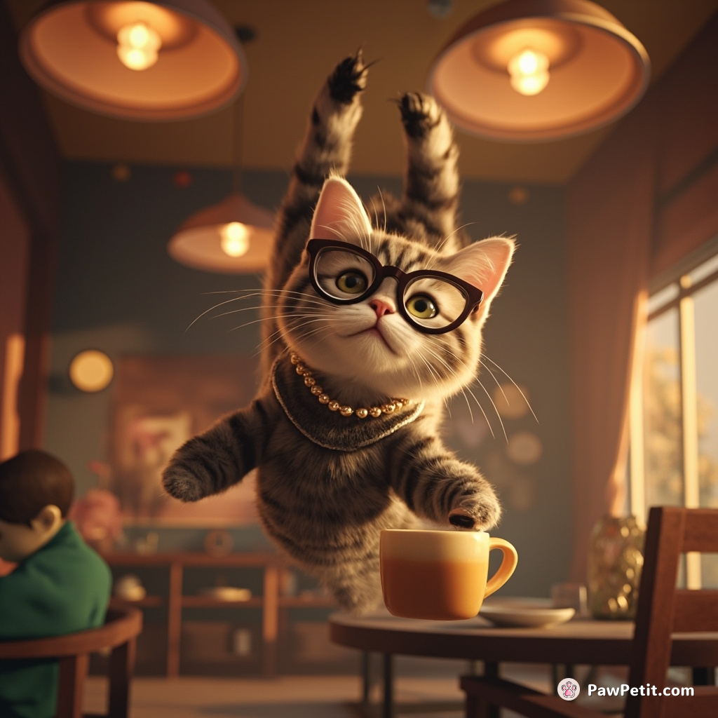 A dapper cat sipping espresso while levitating upside-down in an interstellar cafe.