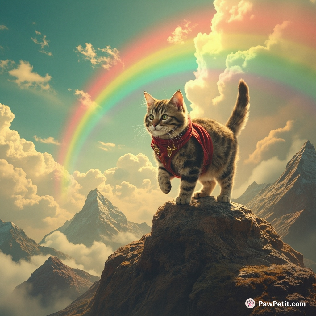 Once a heroic kitty ascended rainbow mountains, single-pawedly defeating napping giants by pouncing plucky whiskered bravery.