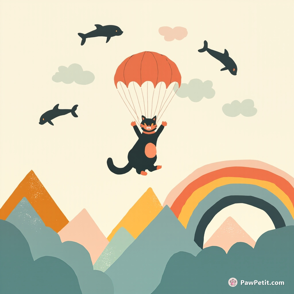 Cat parachuting over rainbow-striped mountains alongside a pod of airborne dolphins.