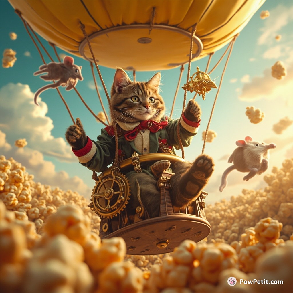 A steampunk cat piloting a cheese hot-air balloon while juggling mechanical mice-inspired gear Clockworks over a caramel popcorn field