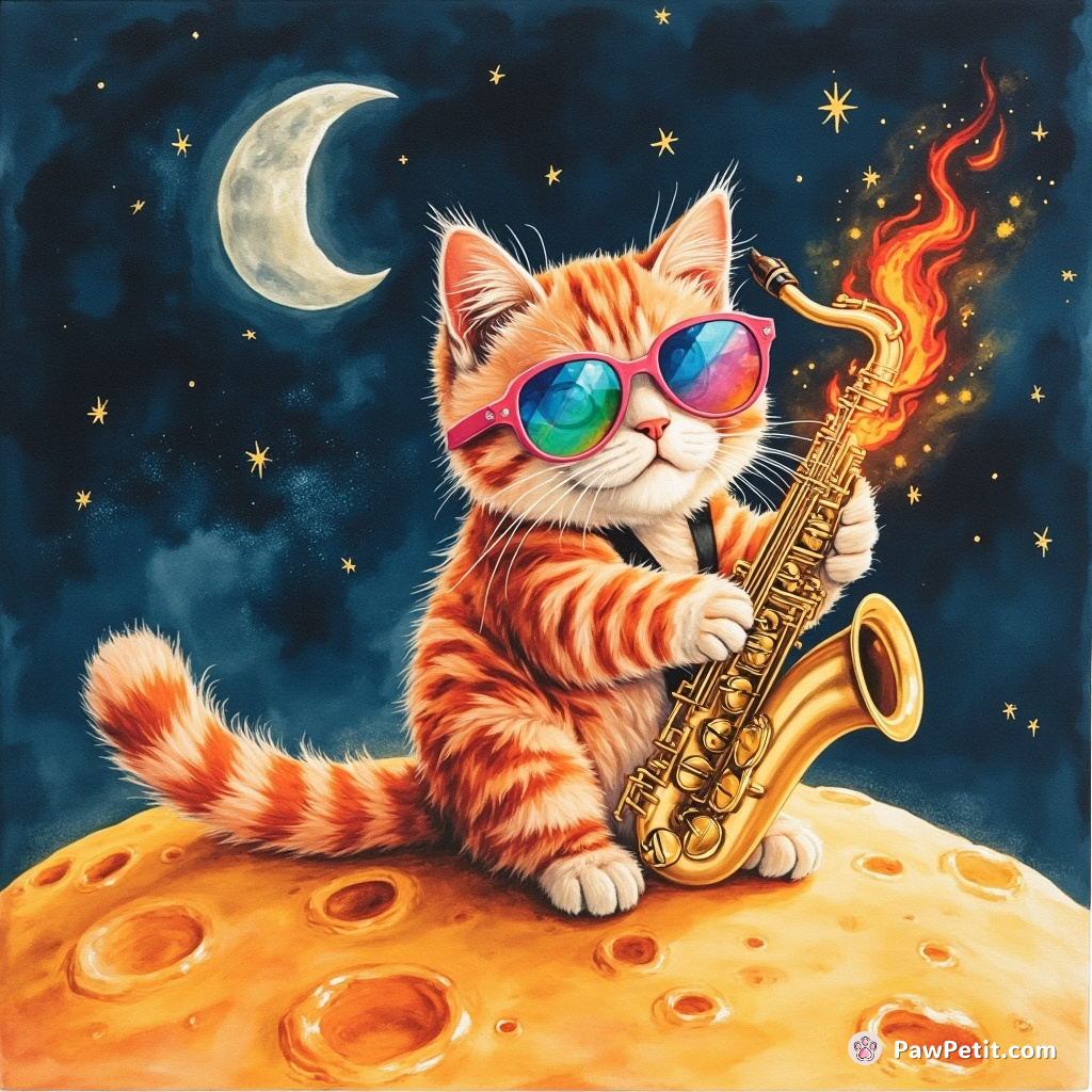 A neon jazz cat playing a flaming saxophone on the moon's cheesy surface, while wearing oversized rainbow-tinted sunglasses.
