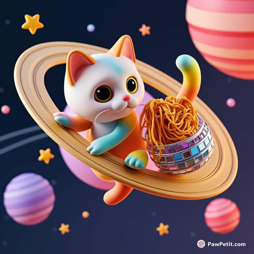 A multicolored cat braiding spaghetti with its tail on Saturn's rings, while collecting stars in a disco-ball basket.