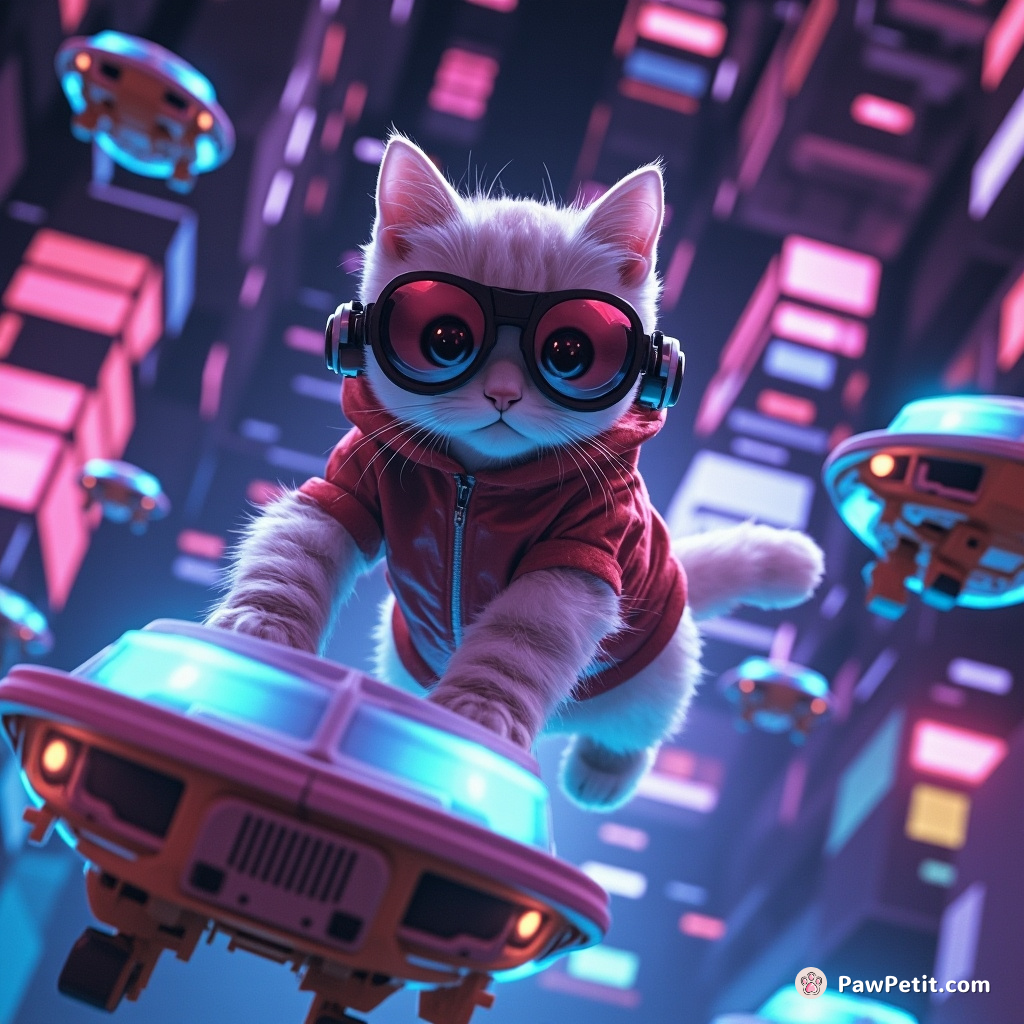 Petite spy cat navigates neon-lit networks of drones, vaulting daringly onto passing hover cars in her solo hunt for milk.
