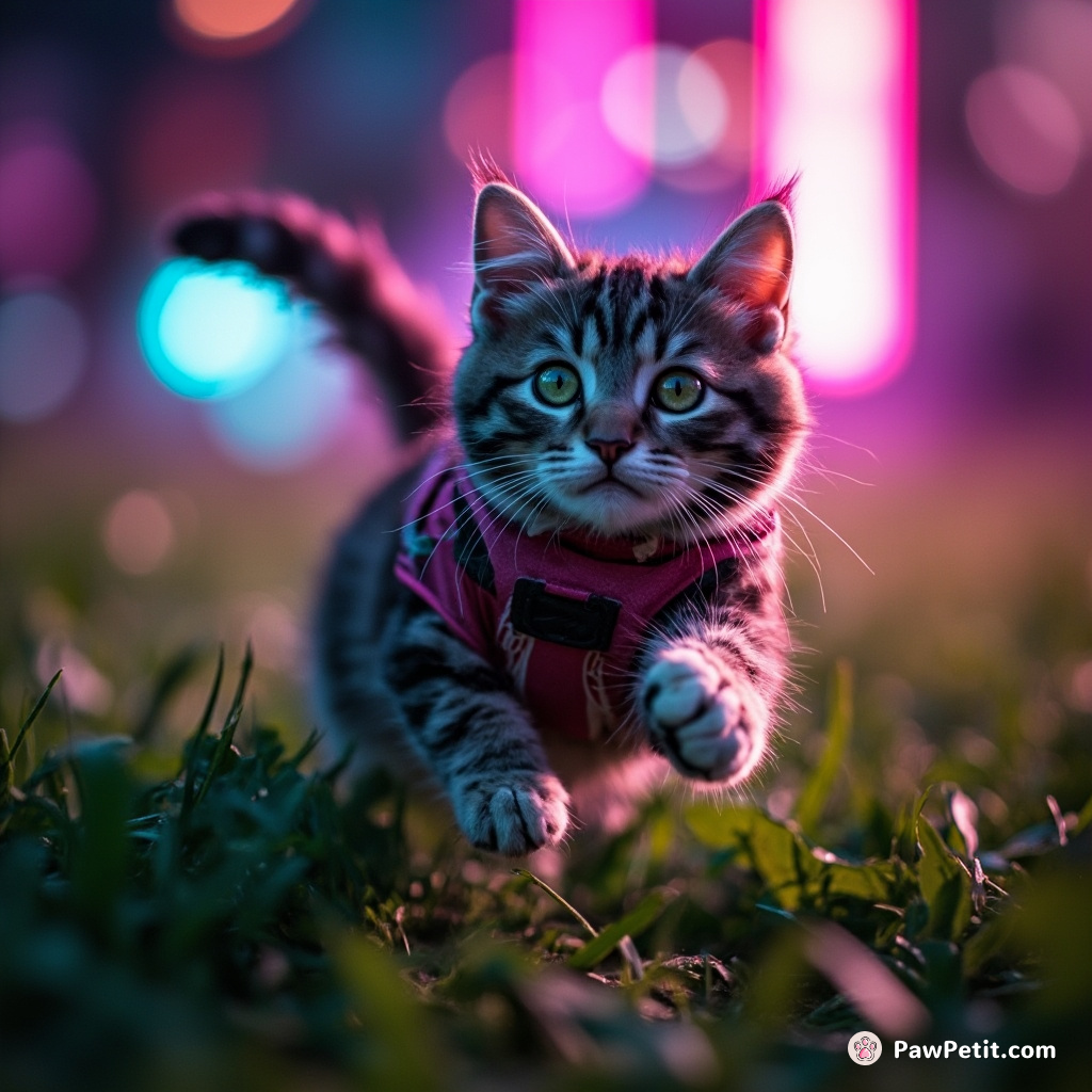 The cat frantically darts, leaps, and rolls through grass, chasing unseen wonders with wide-eyed, whisker-twitching fervor.
