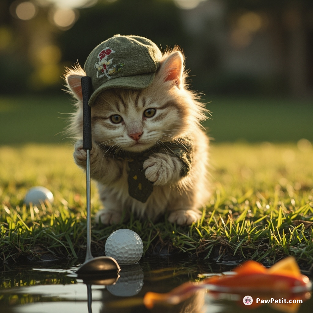 Pretending to be a golfer, fluffball nailed a hole-in-one into the neighbor's goldfish pond using a playful paw-thud.