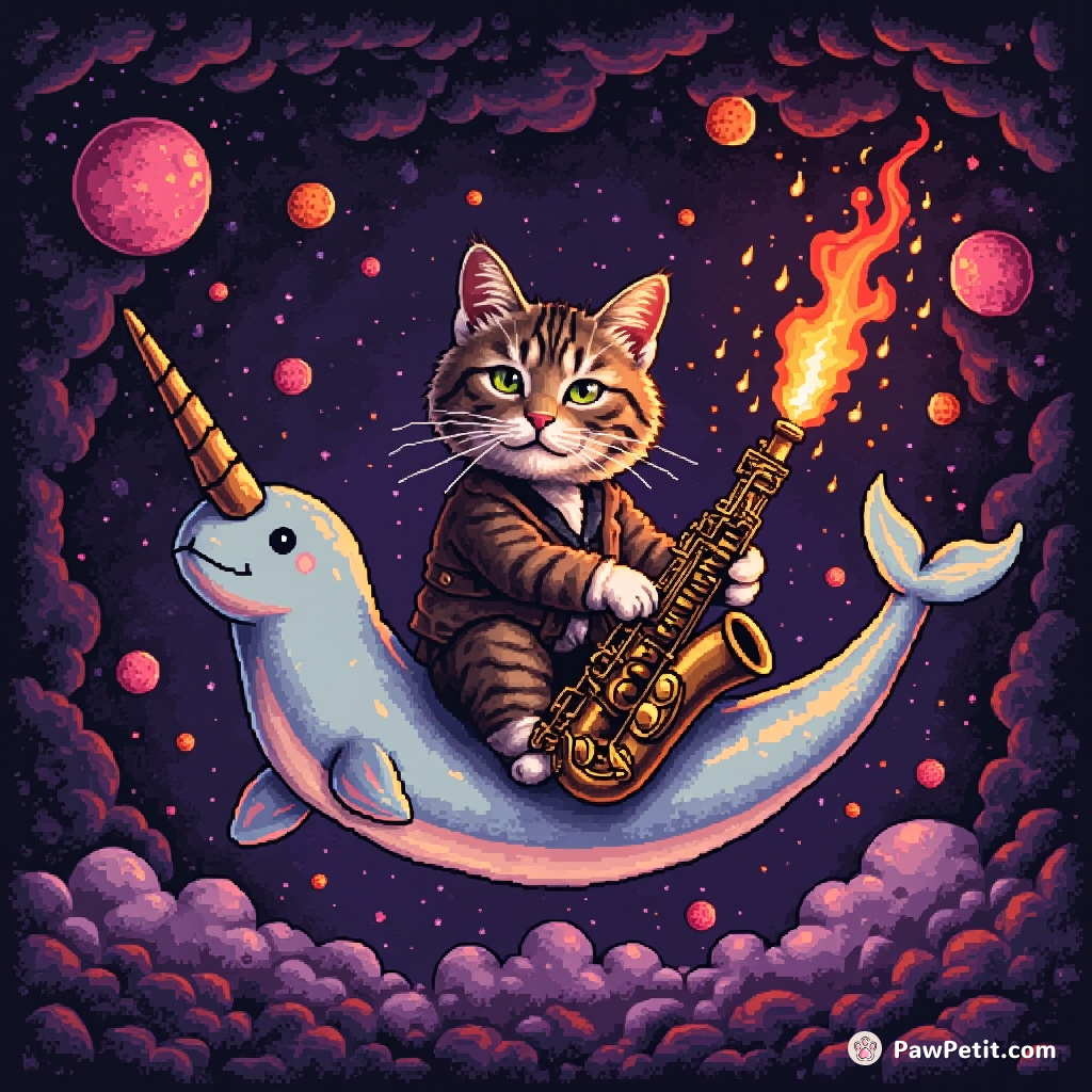 A cat playing a flaming saxophone while riding a levitating narwhal in an underground jazz club, as meteors rain down outside.