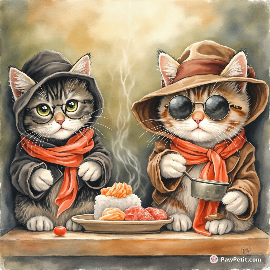 Cats in smart disguises executed a stealth sushi heist, purring triumphantly as they shared the bounty in secret nooks.