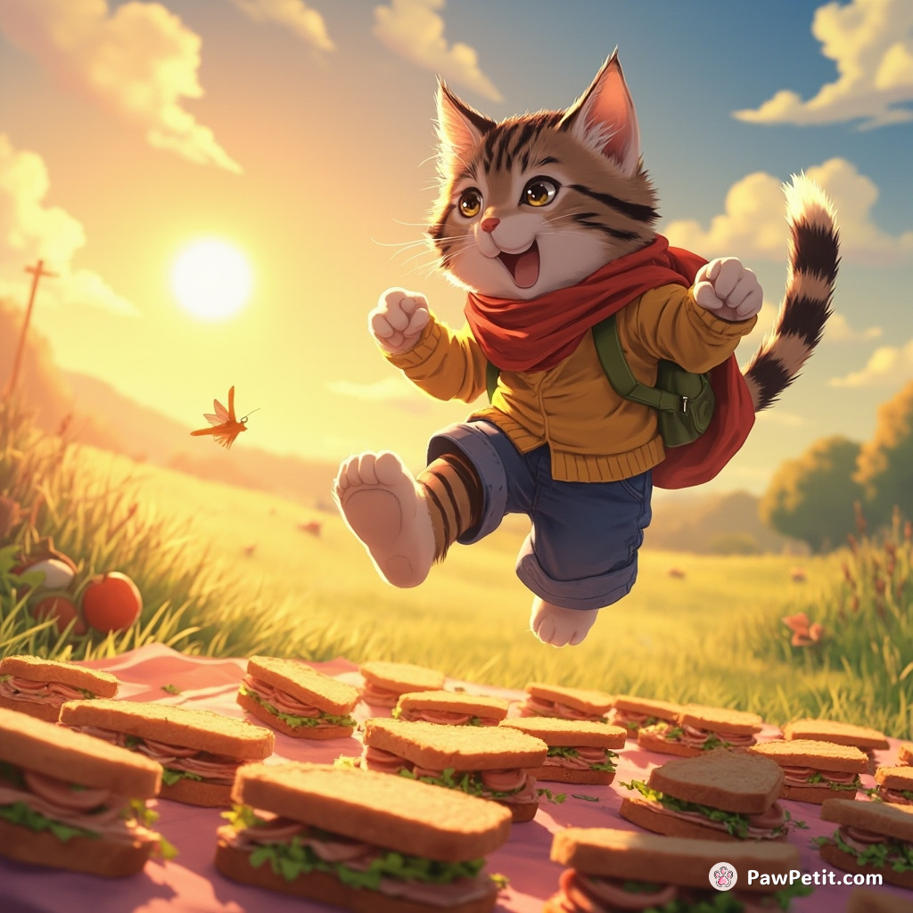 Sunrise momendunk, outdoor picnic blanket covered in tuna-laden sandwiches, whiskered thief spring-pouncing with acrobatic grace, tail-swishing victorious.