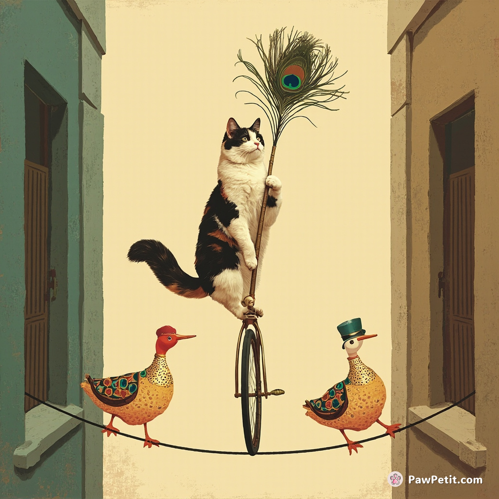 A calico cat on a unicycle balancing peacock feathers, traversing on a tightrope above an alleyway teeming with disco ducks in 70s attire.