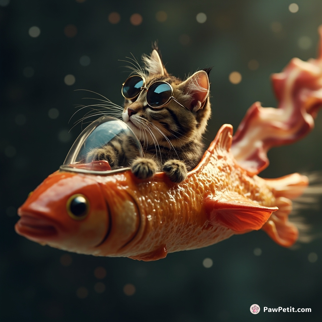 A cat space pirate flying a mini spaceship shaped like a fish, with bacon as the smoke trail.