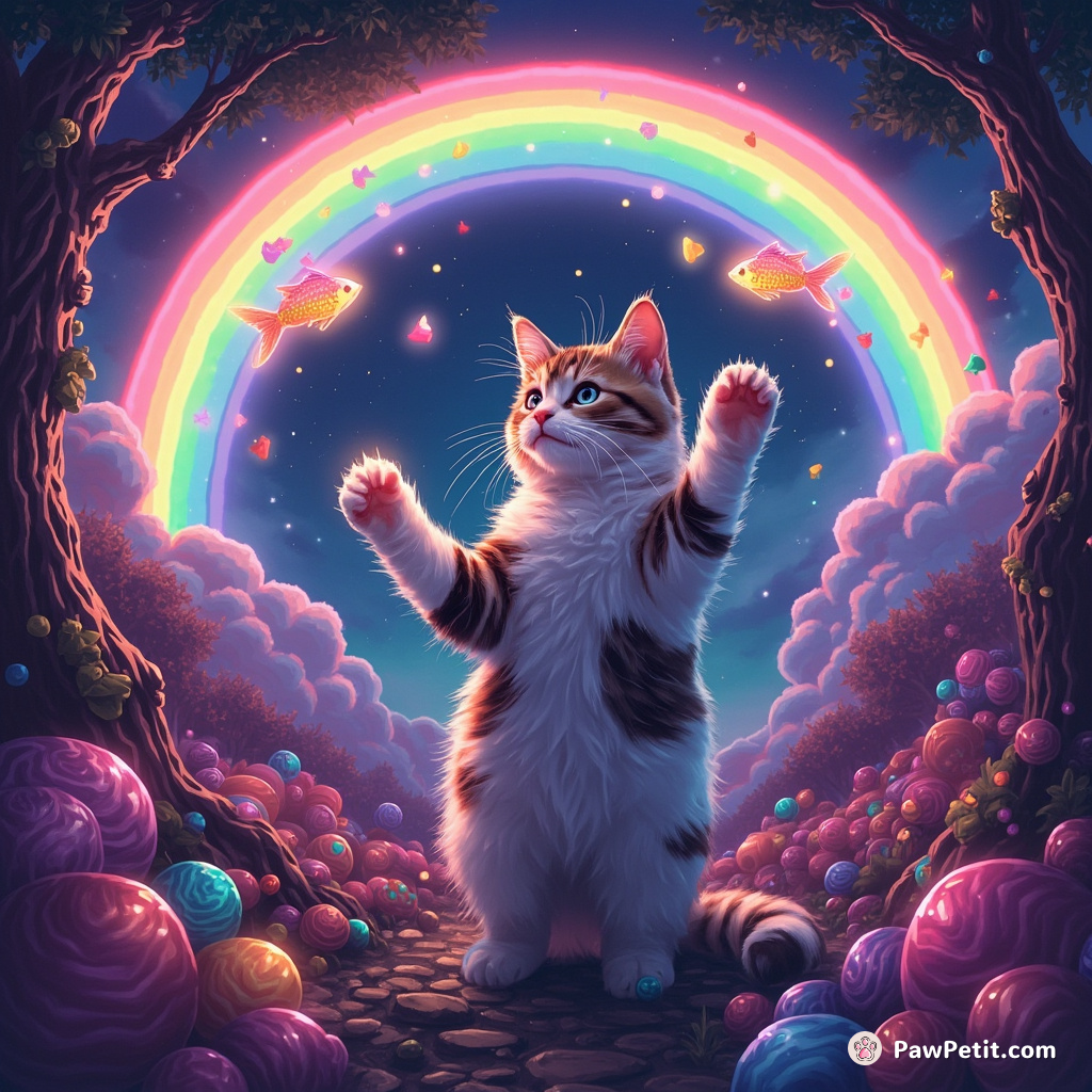 A calico cat juggling glowing fish under a neon rainbow in a candy forest.