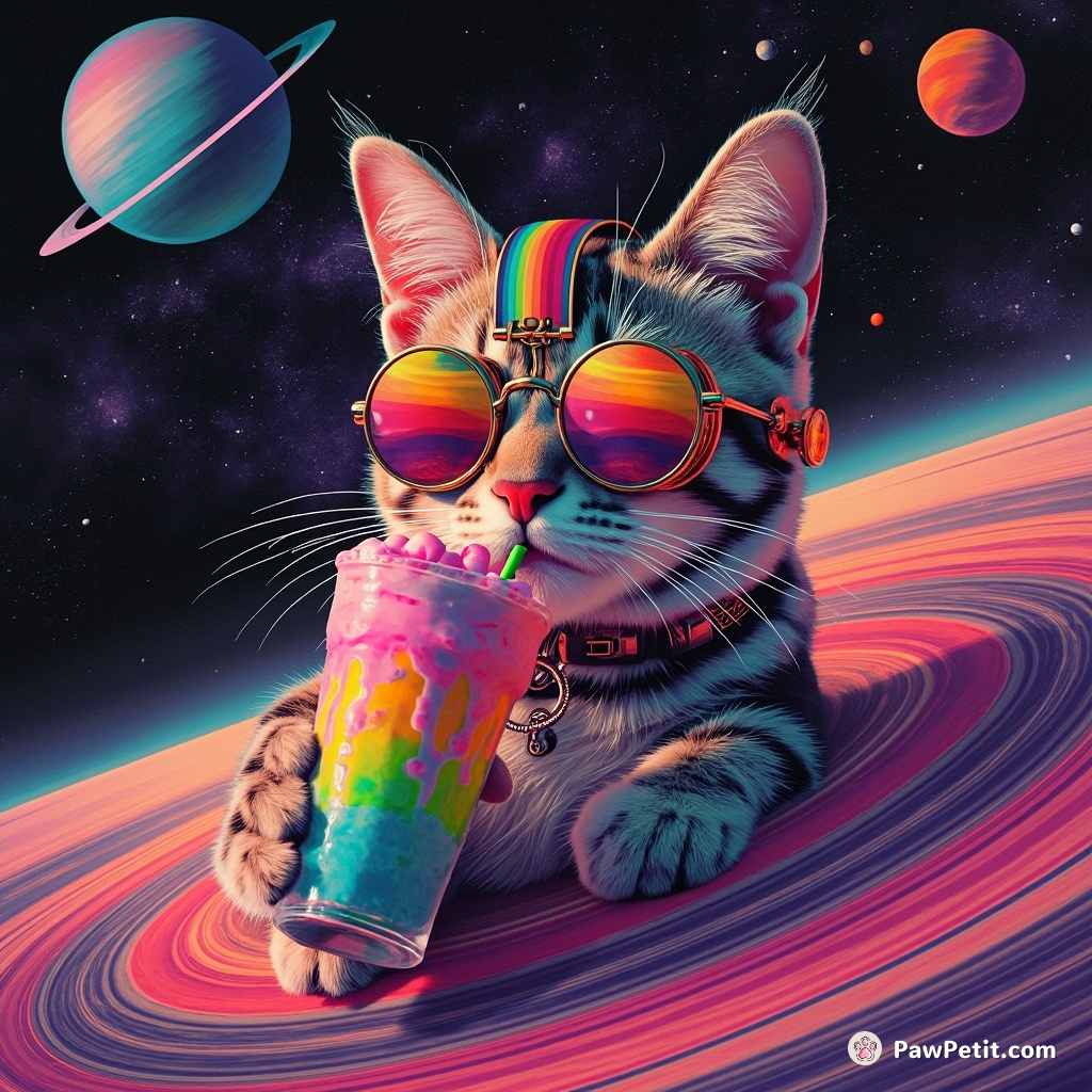 Steampunk cat sipping a psychedelic rainbow milkshake on the rings of Saturn.