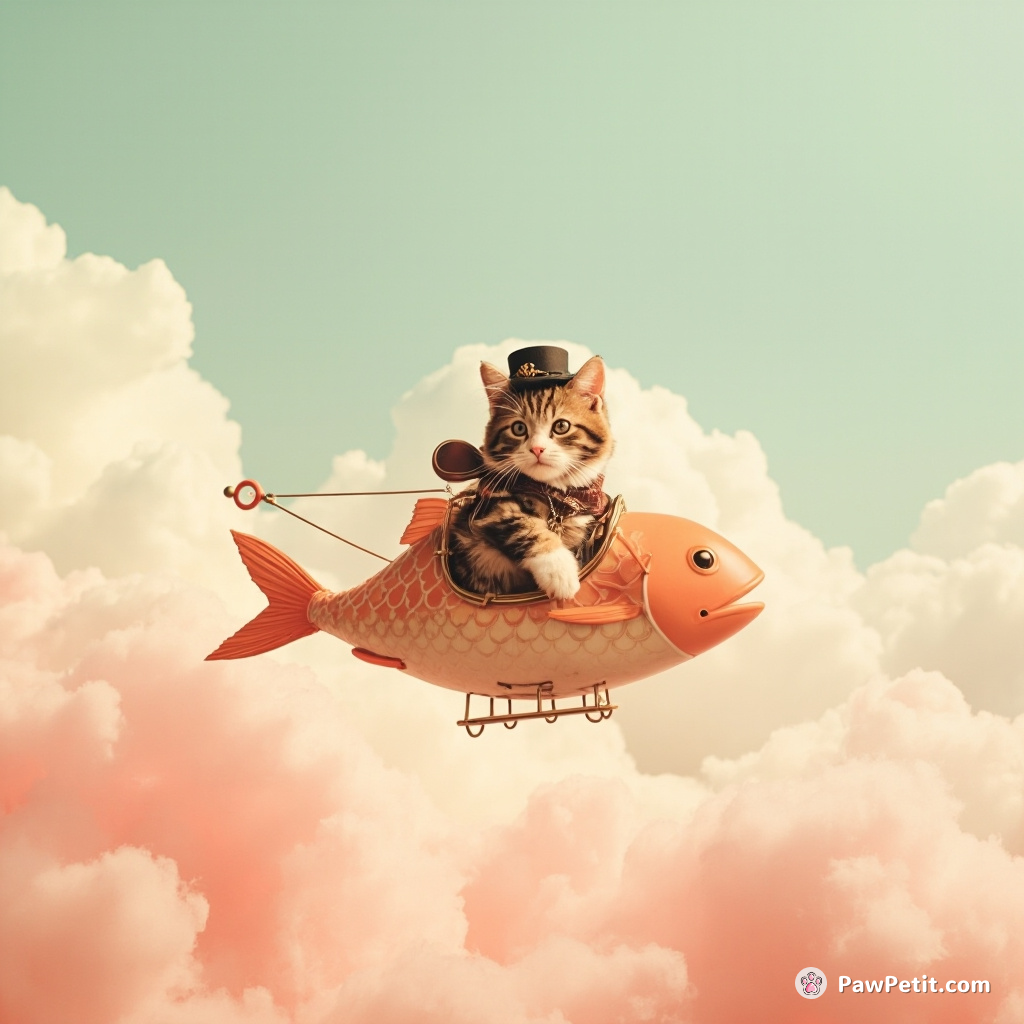 Steampunk cat piloting a fish-shaped airship in a cotton candy cloudscape.