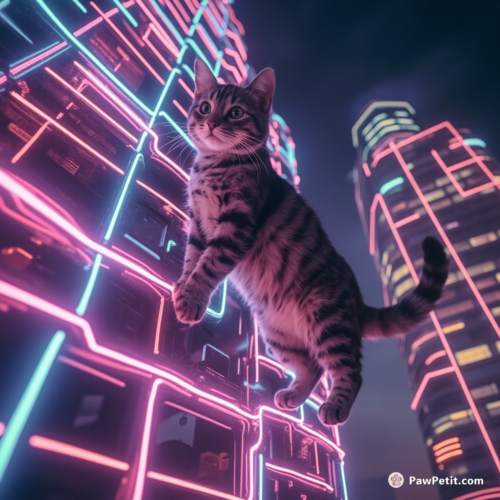 Landscaping urban circuits, a silver-tabby cat deftly scaled neon skyscrapers by distributing static electricity from high-tech tower surfaces.