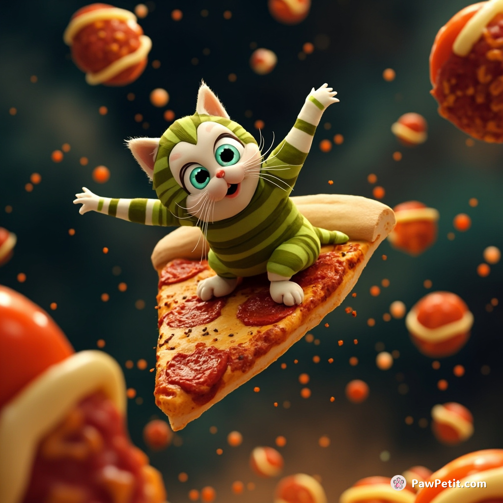 Cat with fluorescent green stripes surfing on a slice of pizza amidst spicy meatball asteroids in the Swiss cheese galaxy.
