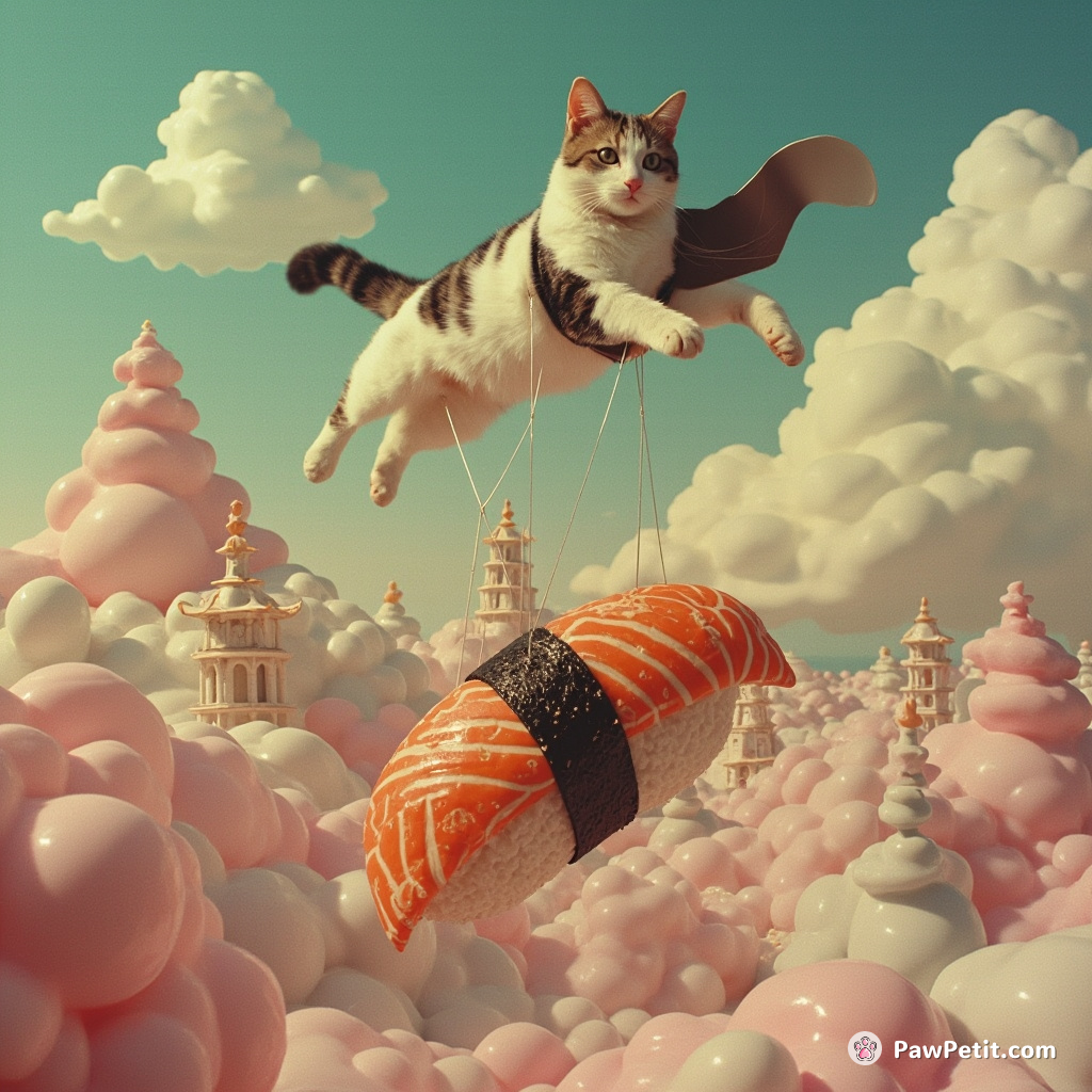 Cat parachuting onto a giant sushi roll in a porcelain city.