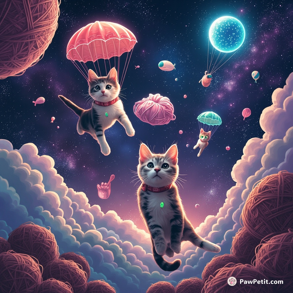 Cat Elysium: a haven of intergalactic felines orbiting a giant yarn galaxy with neon fish parachutes floating around.