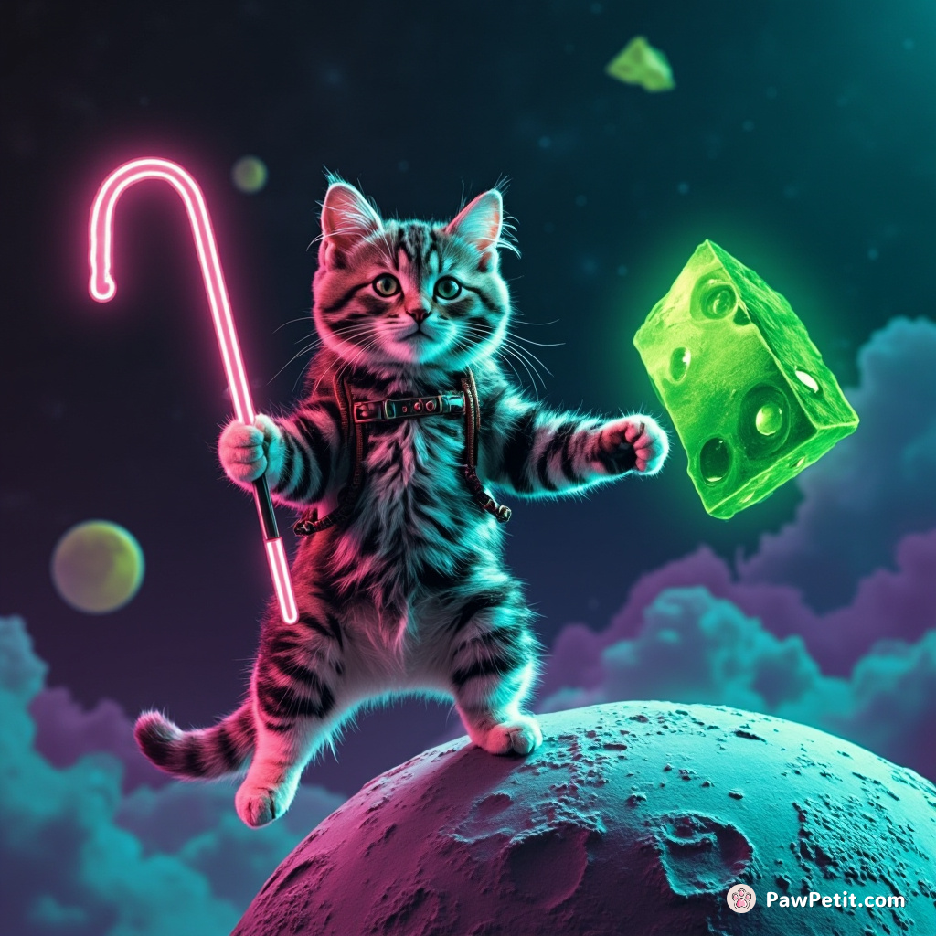 Space-climbing tabby cat, using a candy cane as grappling hook, tackles floating emerald cheese on the moon.