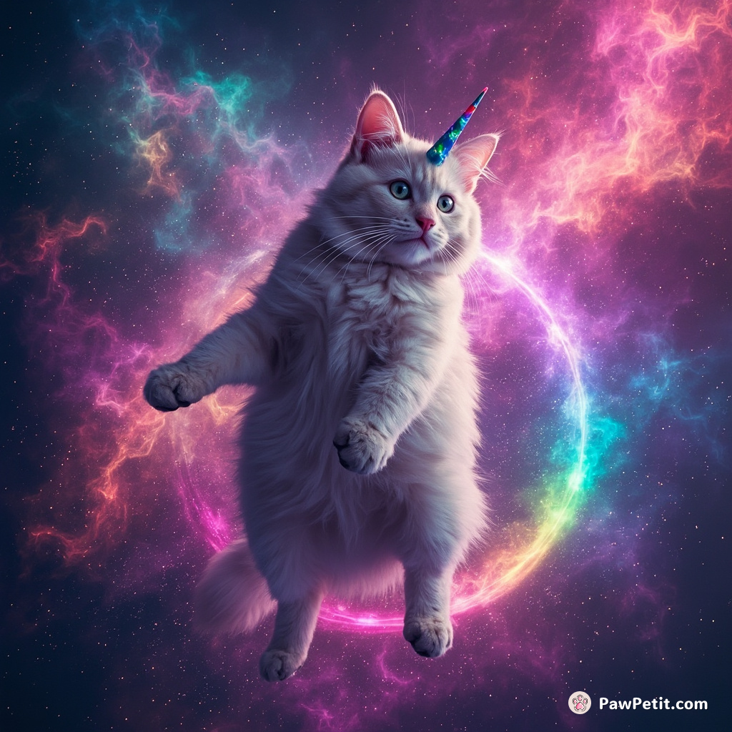 A unicorn-cat hybrid forming nebulas with magical rainbow dust while doing a flamboyant moon-roll.
