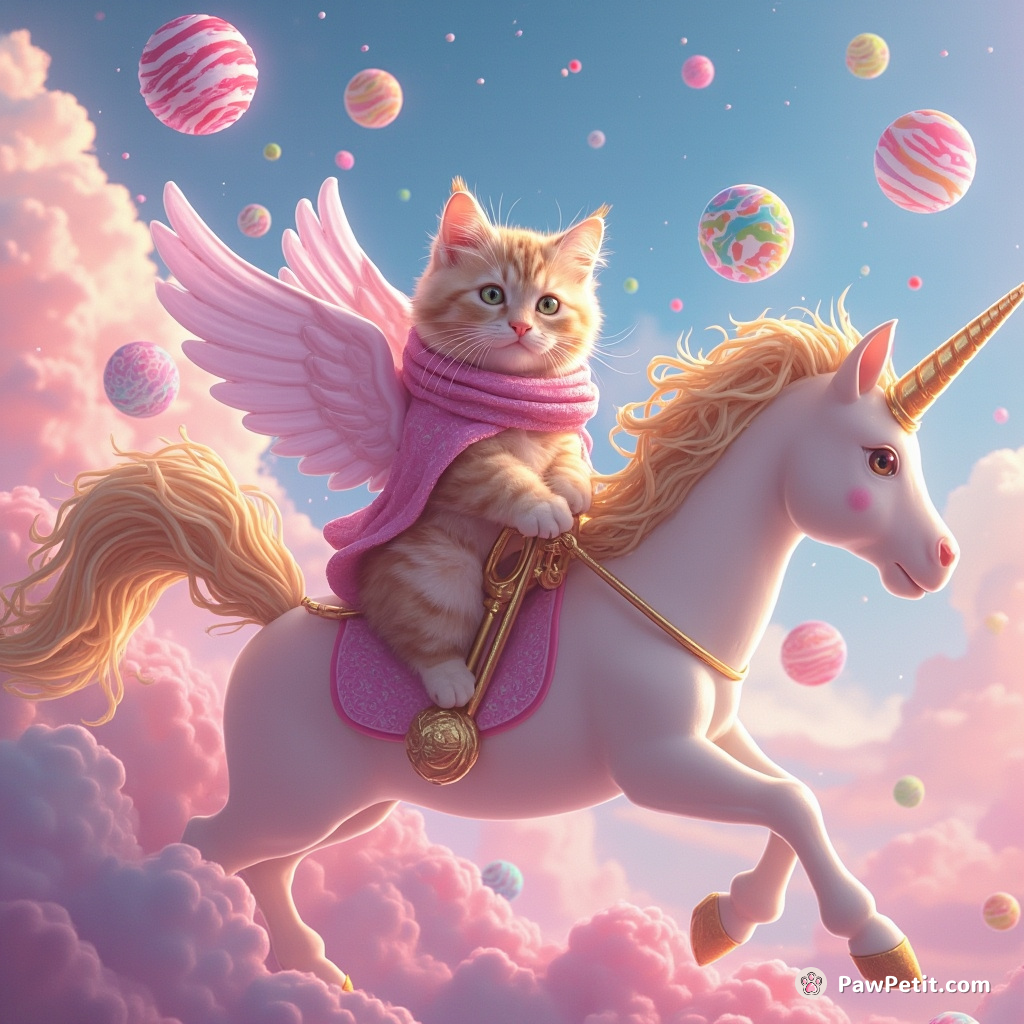A cat riding a purple unicorn breathing out multicolored small planets in a candy land.