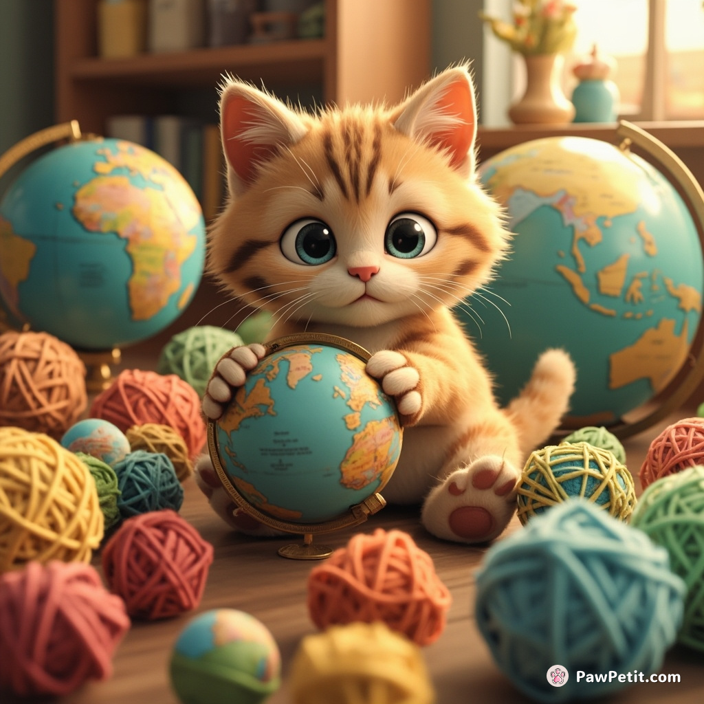 The cat meticulously arranges its collection of yarn balls, pretending they're globes for its world travels.