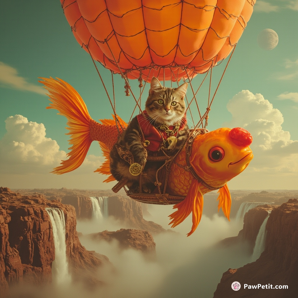 A proud, anthropomorphic steampunk cat elegantly piloting a goldfish-shaped hot air balloon over Martian chocolate waterfalls.