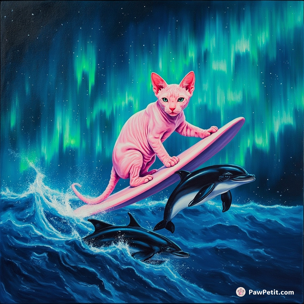 A neon-pink sphynx cat surfing with dolphins under an aurora borealis lit night sky.