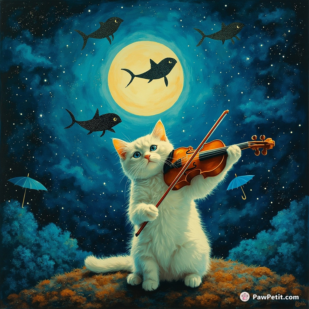 A bioluminescent cat serenading the moon using a mushroom-shaped violin, surrounded by silhouette fish-owls flying in the starry-blue umbrellas sky.