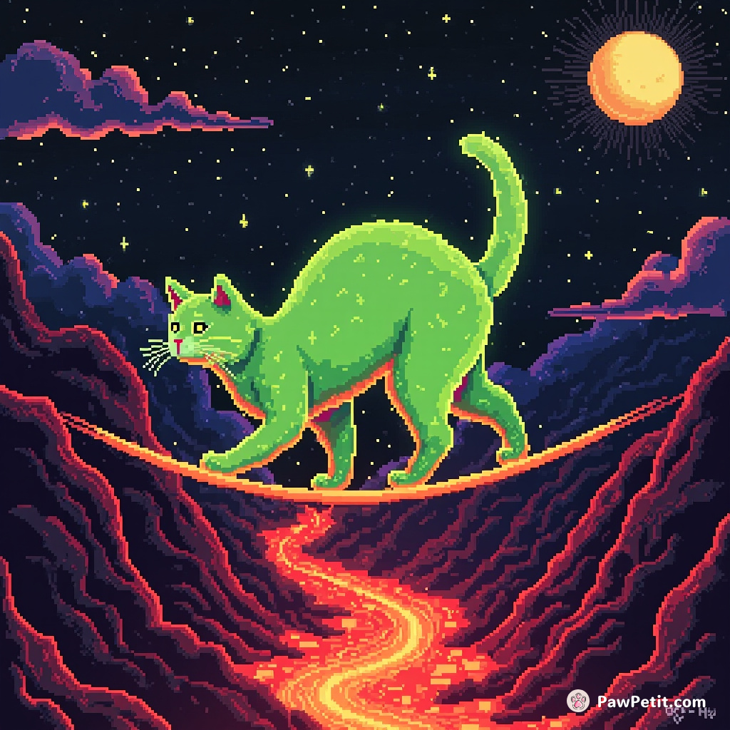 A neon-green cat performing a tightrope walk across a lava stream in zero gravity, its fur shimmering under an upside down moon.