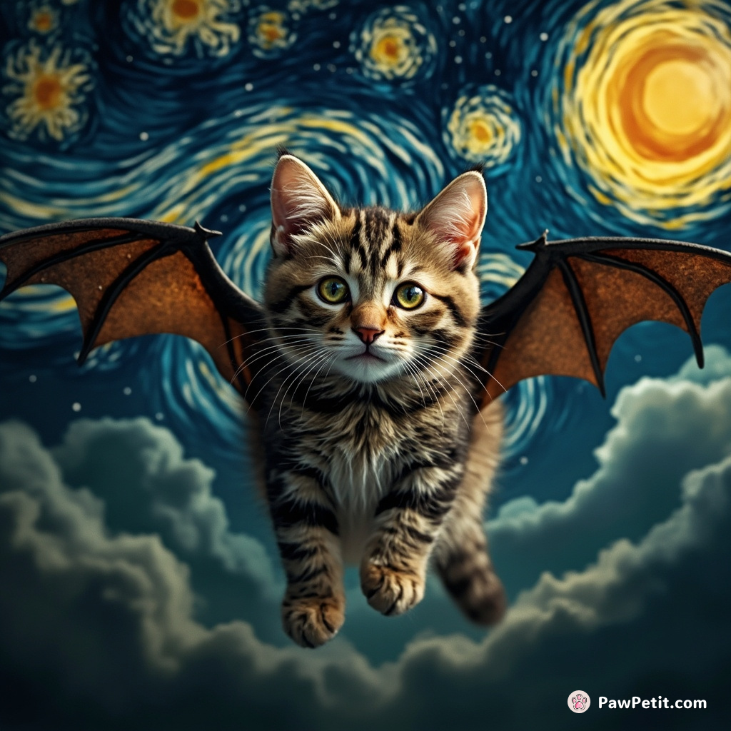 A calico cat with bat wings soaring through a Van Gogh-inspired starscape, mirroring the Mona Lisa's smile.