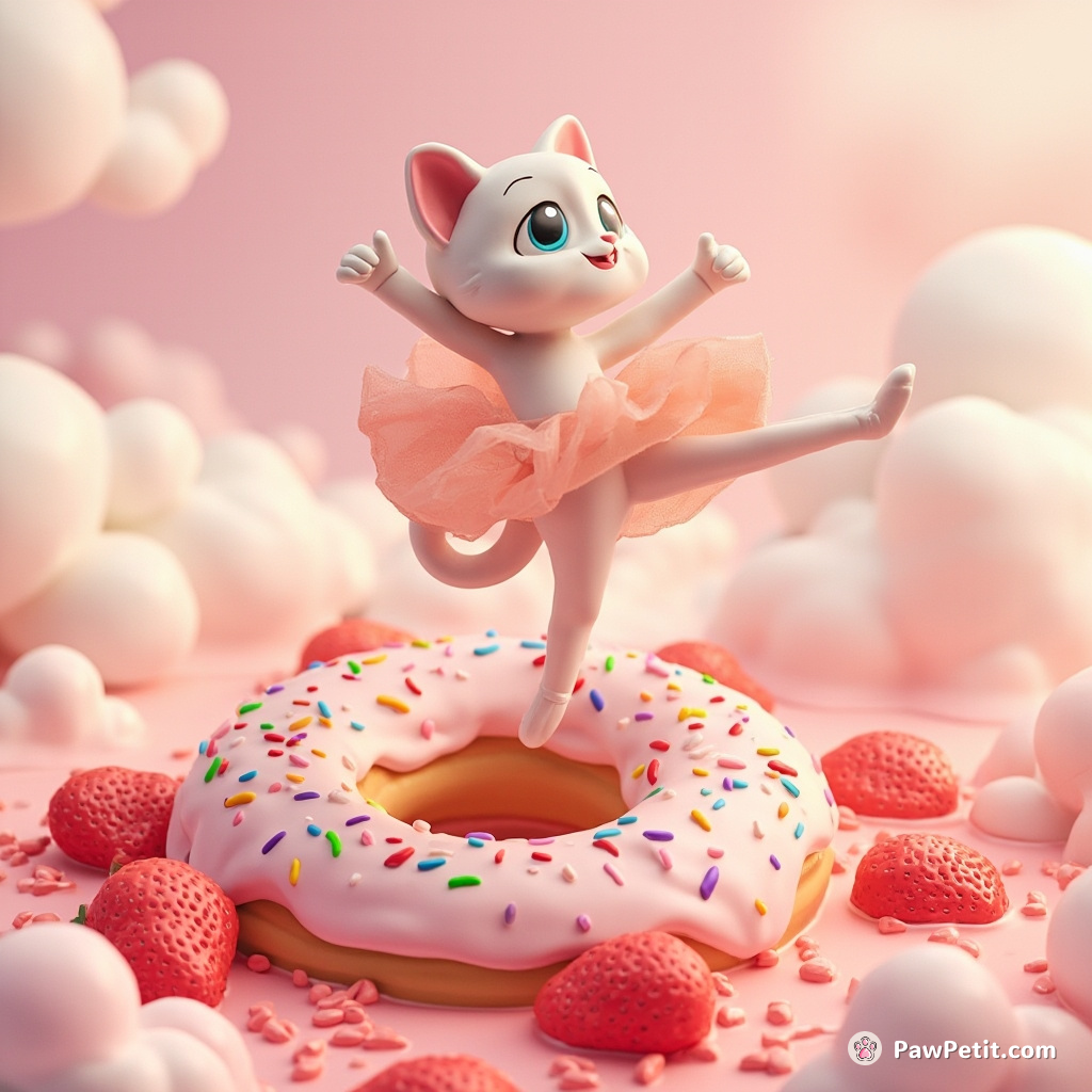 A ballet dancing cat gracefully pirouetting on a gigantic powdered donut floating in strawberry milkshake seas.