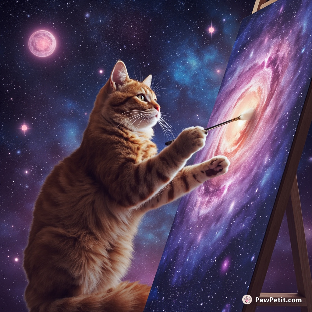 A ginger cat vividly painting stunning galaxies onto a canvas in zero-gravity.