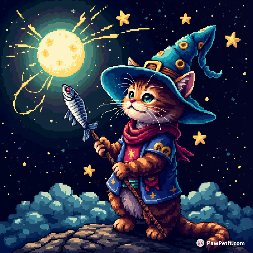 A feline wizard casting cosmic spells from a mackerel staff on the moon.