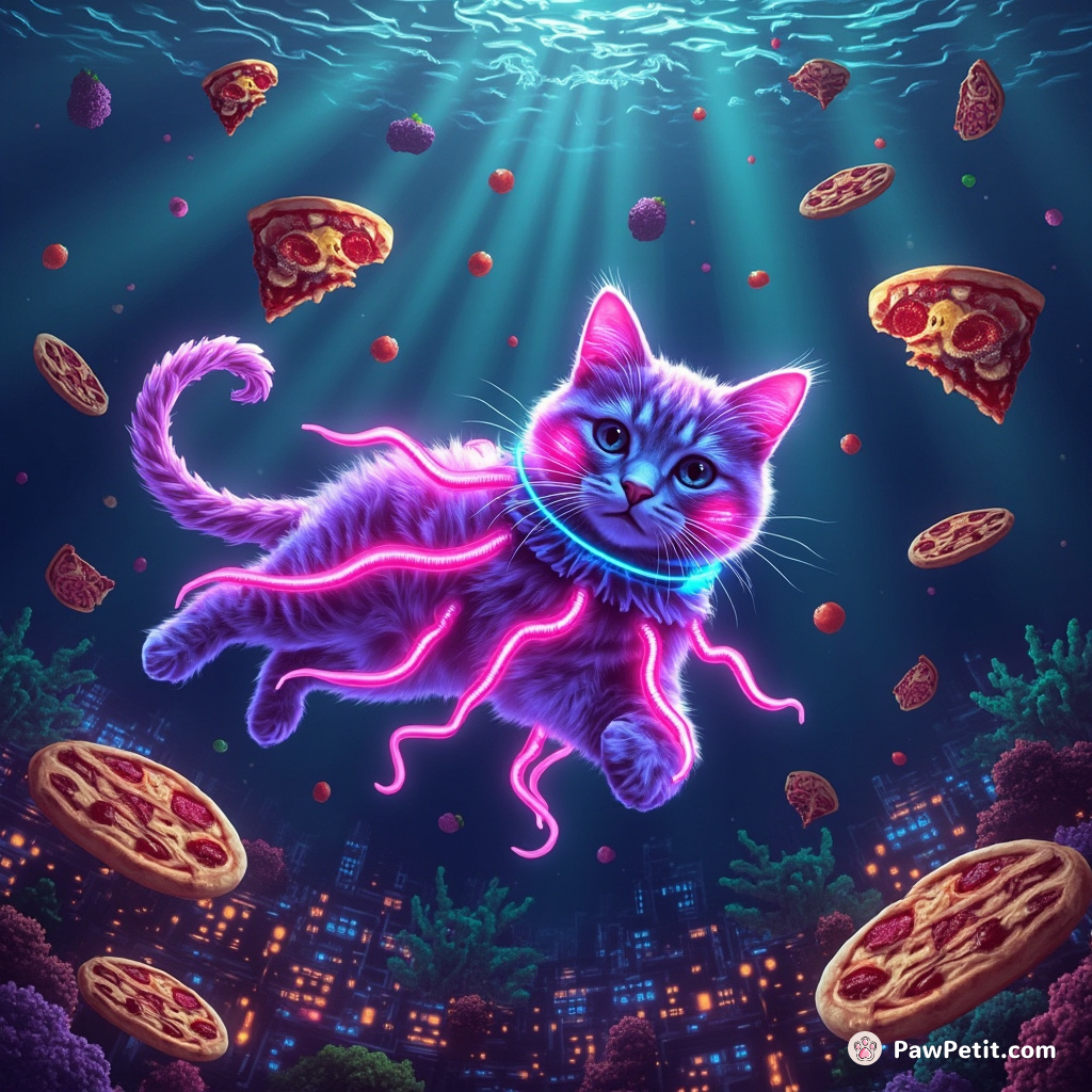 A neon jellyfish-inspired cat swimming with a school of floating pizzas in an underwater city lit by radiant fruits.