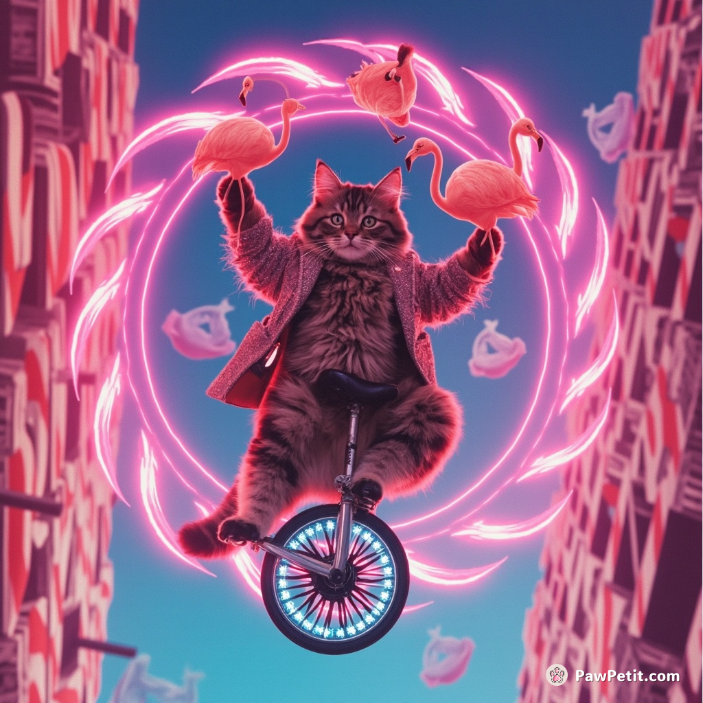A cat juggling neon-colored flamingos while riding a diamond-studded unicycle on a tightrope between two candy cane skyscrapers.