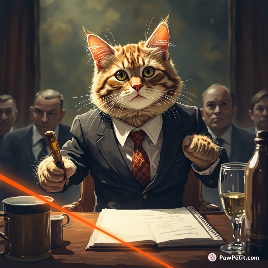 The cat dons a suit, attempts a business meeting, but ends up chasing a laser pointer across the conference table.