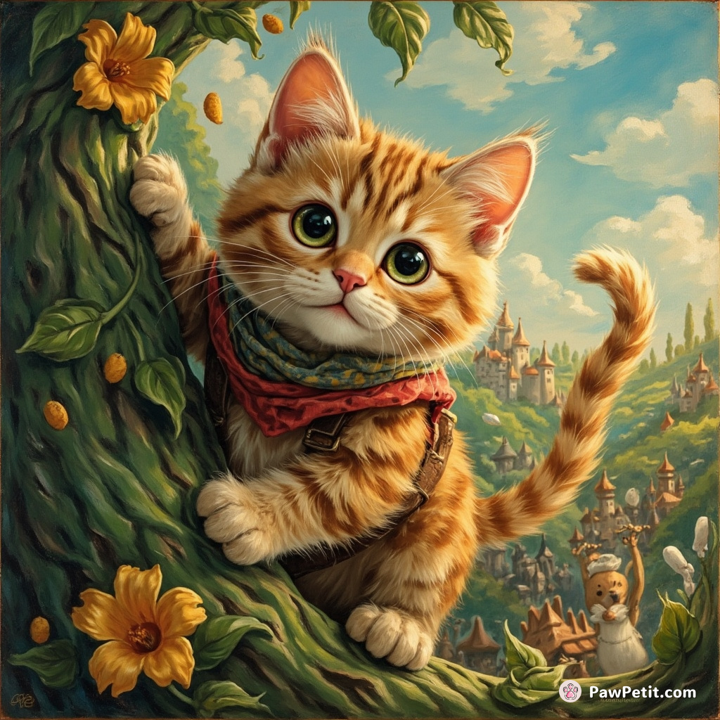 Whiskers the cat scales a beanstalk to rescue a kingdom from a milk-stealing giant, purring all the way.