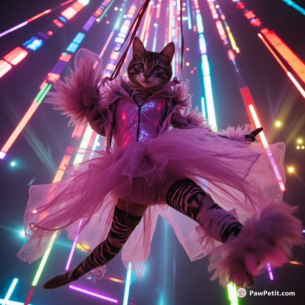 Cat dressed as a diva doing aerial acrobatics in a psychedelic circus.